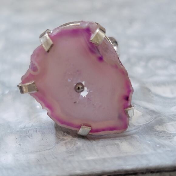 Pink Agate Slice Statement Rings, Gemstone Sterling Silver Ring, Size 7.5 - Picture 3 of 10